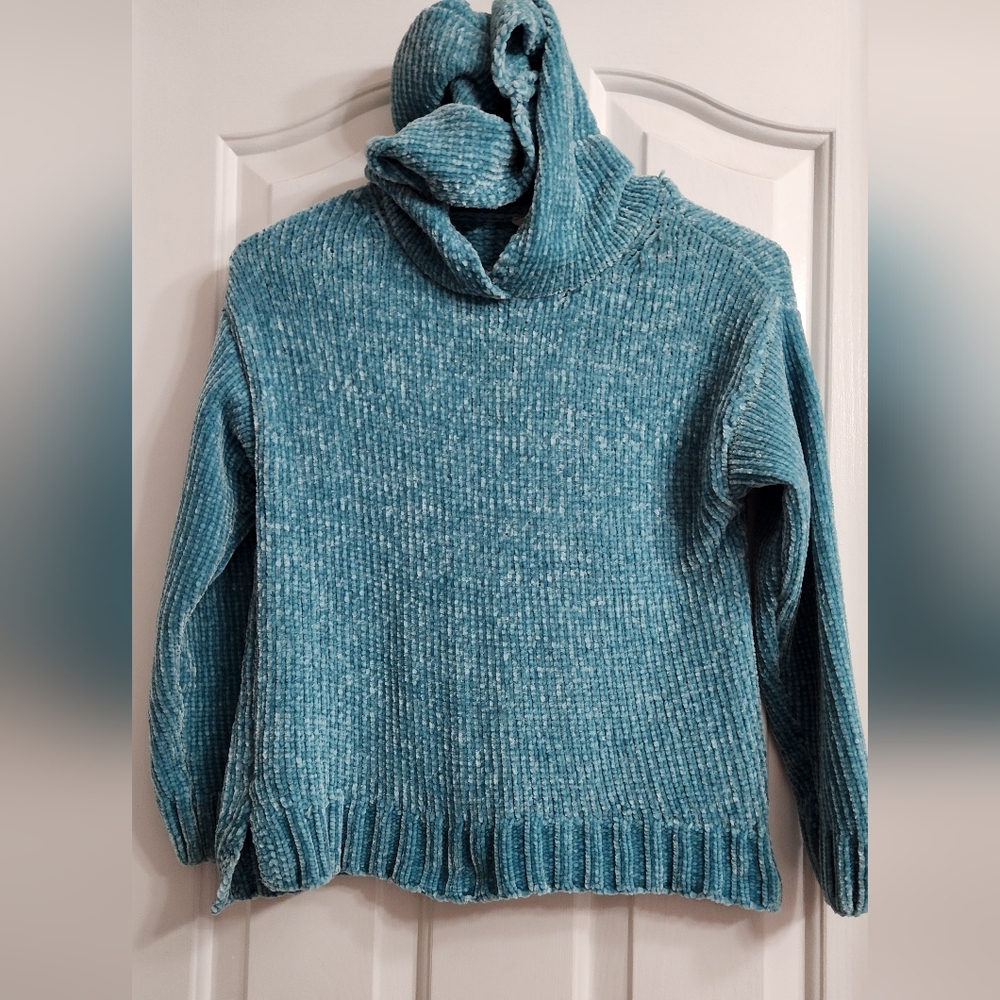 Jessica Simpson Teal Hoodied Cowl Neck Sweater (JUNIOR L 10)